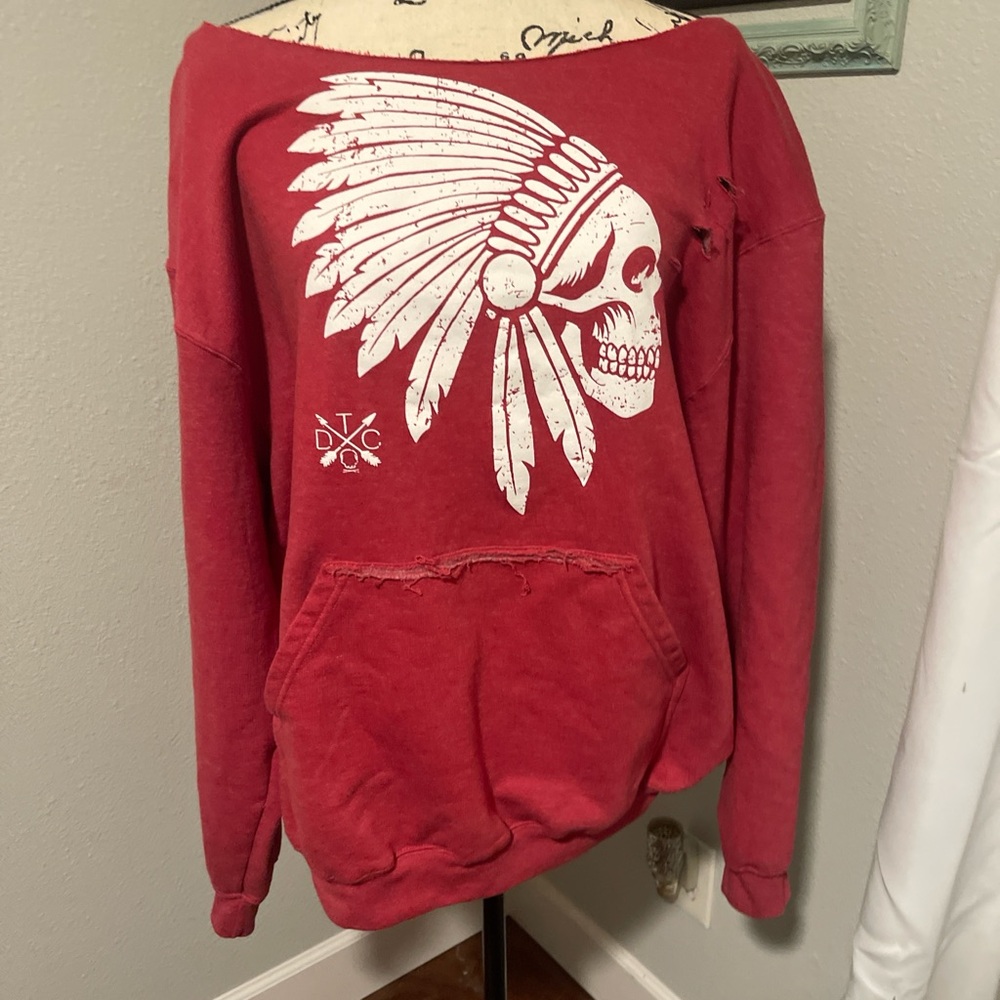 Red Sweatshirt with Skull and Feather Graphic